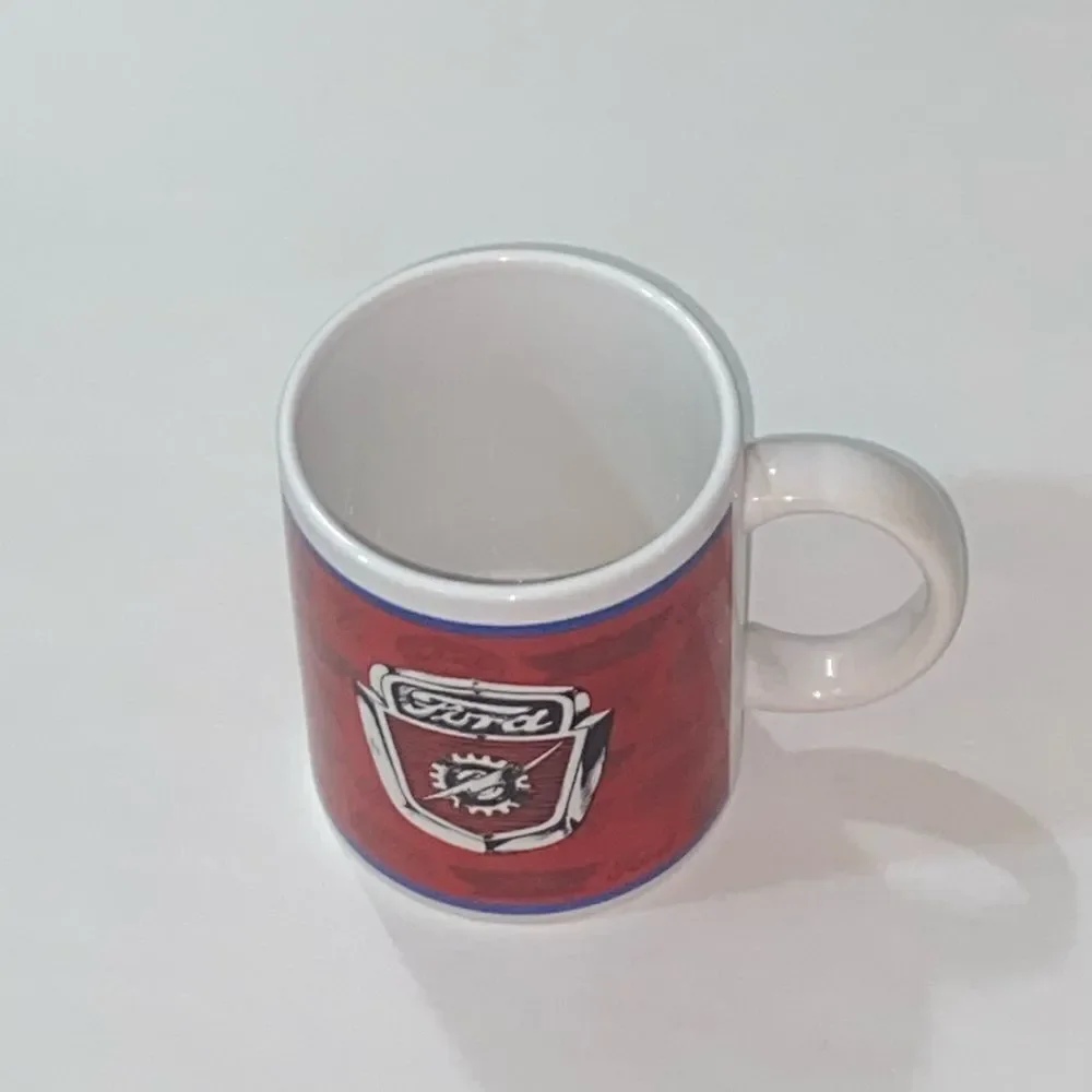 VTG, 60s 70s Ford Motor Company Coffee Mug Lightning Bolt Crest Red